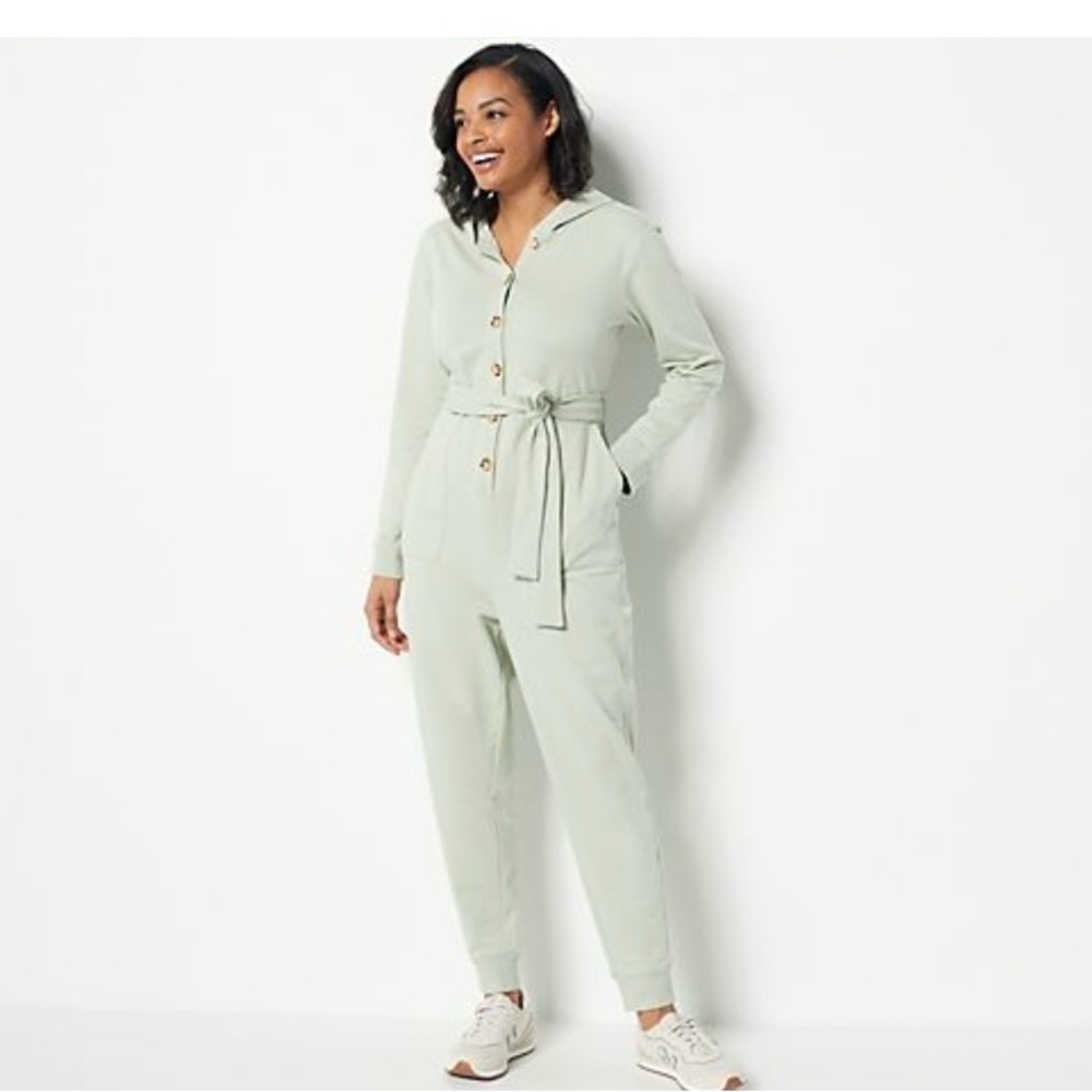 Encore By Idina Menzel One Piece Jumpsuit Sage Green SP Soft French Terry Hooded